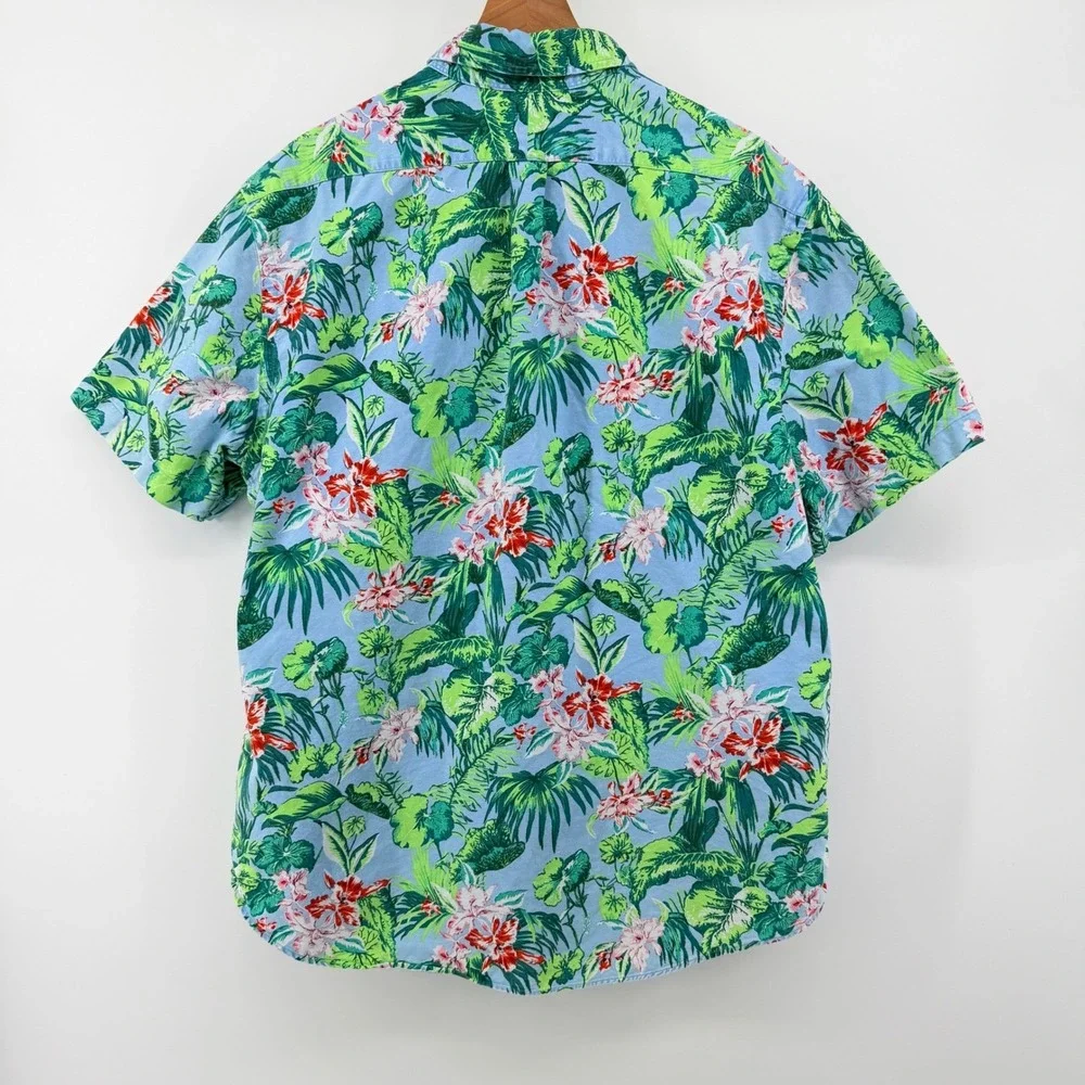 Ralph Lauren Button Down Shirt Mens XL Blue Tropical Hibiscus Slim Fit Cotton